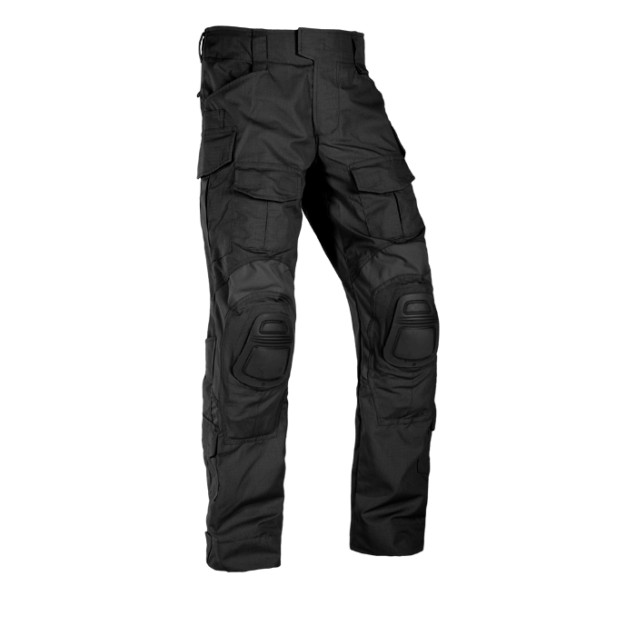 A pair of Crye G3 Combat Pants in black pattern, designed for military and outdoor use with multiple pockets and reinforced areas.