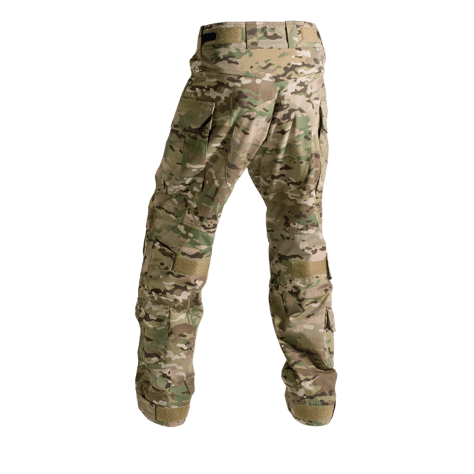 A pair of Crye G3 Combat Pants in Multicam camouflage pattern, designed for military and outdoor use with multiple pockets and reinforced areas.