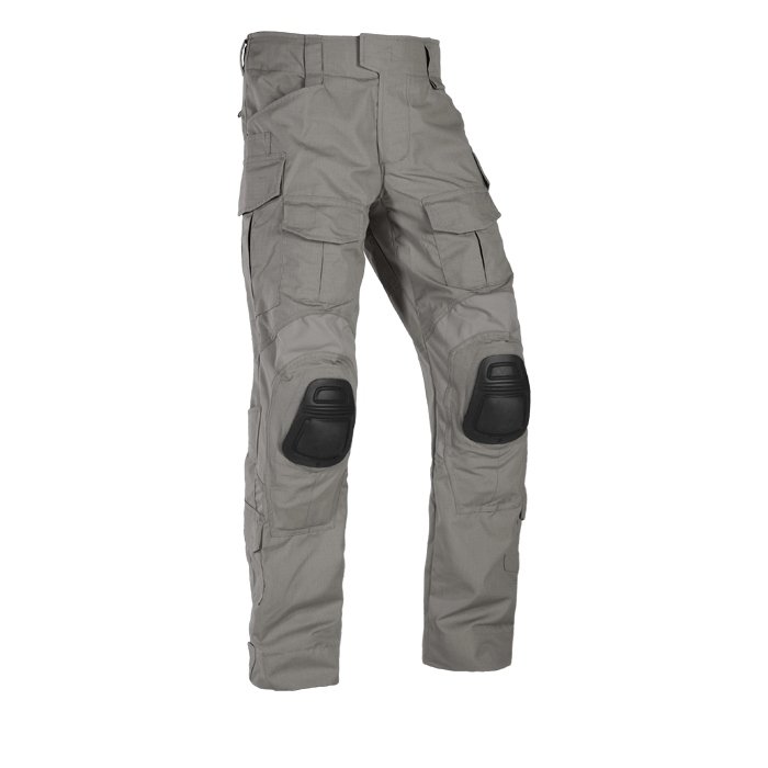 A pair of Crye G3 Combat Pants in Wolf Grey pattern, designed for military and outdoor use with multiple pockets and reinforced areas.