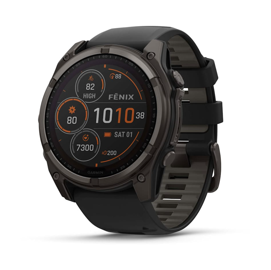 FĒNIX® 8 – 43 MM, AMOLED SAPPHIRE, CARBON GRAY DLC TITANIUM WITH BLACK/PEBBLE GRAY SILICONE BAND