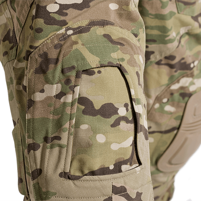 A pair of Crye G3 Combat Pants in Multicam camouflage pattern, designed for military and outdoor use with multiple pockets and reinforced areas.