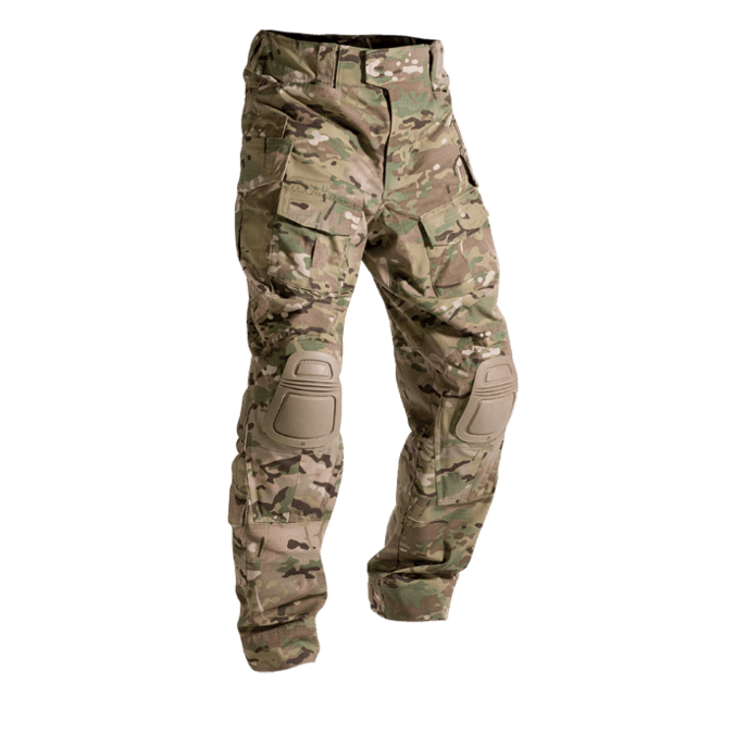 A pair of Crye G3 Combat Pants in Multicam camouflage pattern, designed for military and outdoor use with multiple pockets and reinforced areas.