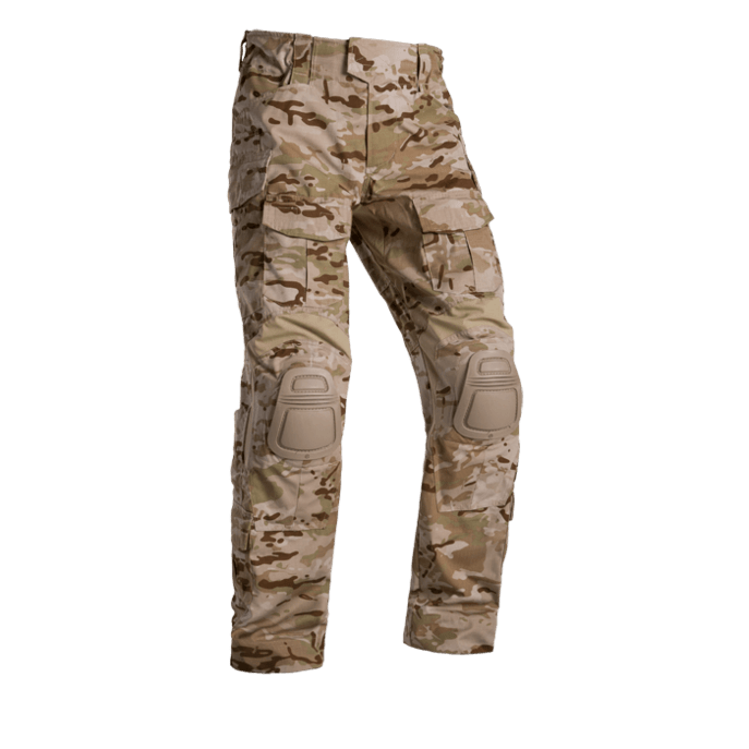 A pair of Crye G3 Combat Pants in Multicam Arid  camouflage pattern, designed for military and outdoor use with multiple pockets and reinforced areas.