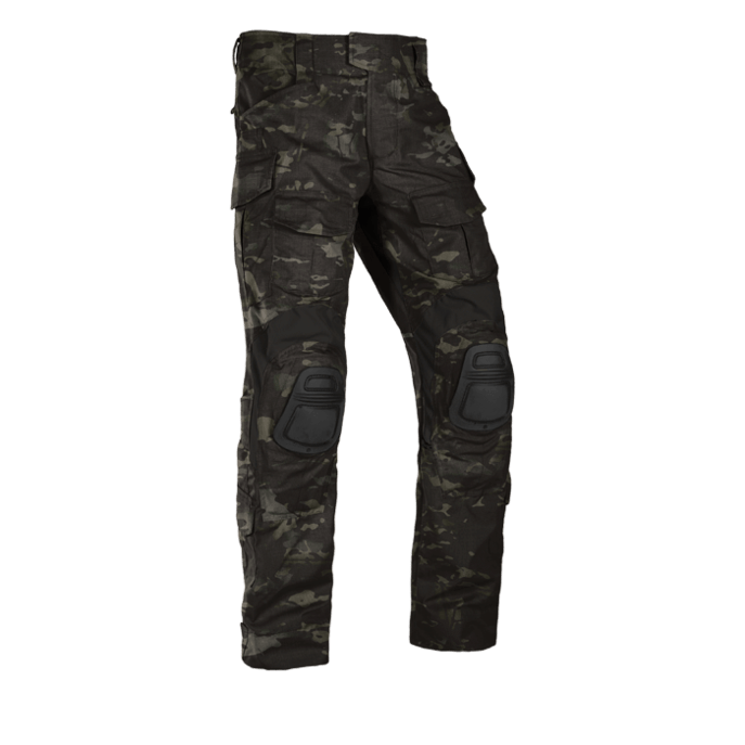 A pair of Crye G3 Combat Pants in Multicam Black camouflage pattern, designed for military and outdoor use with multiple pockets and reinforced areas.