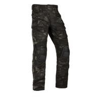 A pair of Crye G3 Combat Pants in Multicam Black camouflage pattern, designed for military and outdoor use with multiple pockets and reinforced areas.