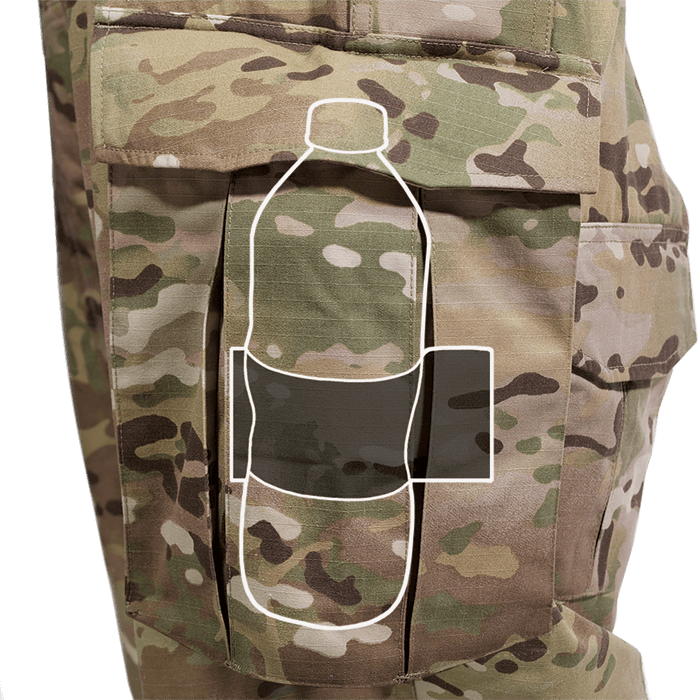 A pair of Crye G3 Combat Pants in Multicam camouflage pattern, designed for military and outdoor use with multiple pockets and reinforced areas.
