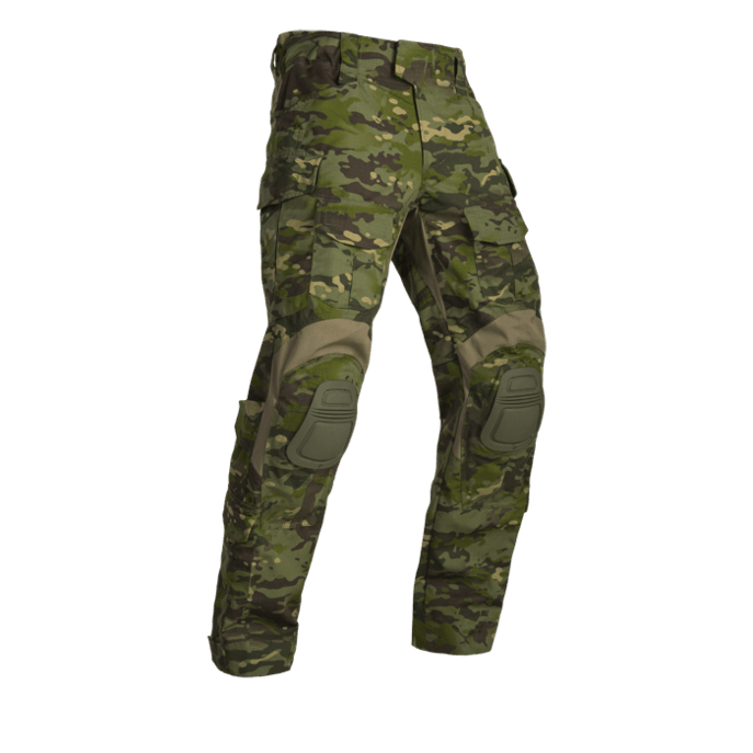 A pair of Crye G3 Combat Pants in Multicam Tropic camouflage pattern, designed for military and outdoor use with multiple pockets and reinforced areas.
