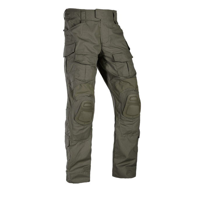 A pair of Crye G3 Combat Pants in Ranger Green pattern, designed for military and outdoor use with multiple pockets and reinforced areas.