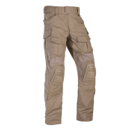 A pair of Crye G3 Combat Pants in khaki pattern, designed for military and outdoor use with multiple pockets and reinforced areas.