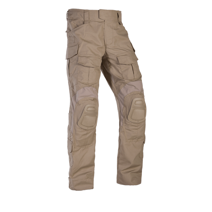A pair of Crye G3 Combat Pants in khaki pattern, designed for military and outdoor use with multiple pockets and reinforced areas.