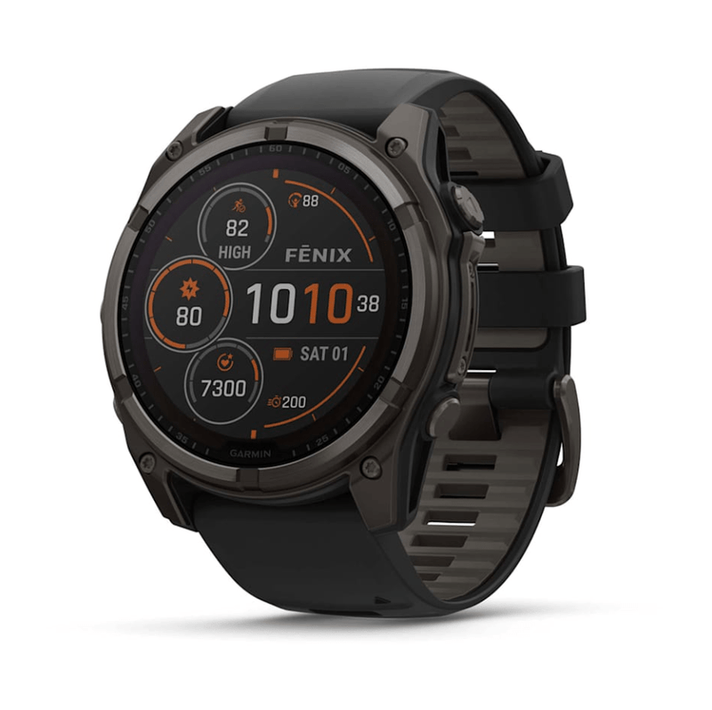 FĒNIX® 8 – 43 MM, AMOLED SAPPHIRE, CARBON GRAY DLC TITANIUM WITH BLACK/PEBBLE GRAY SILICONE BAND